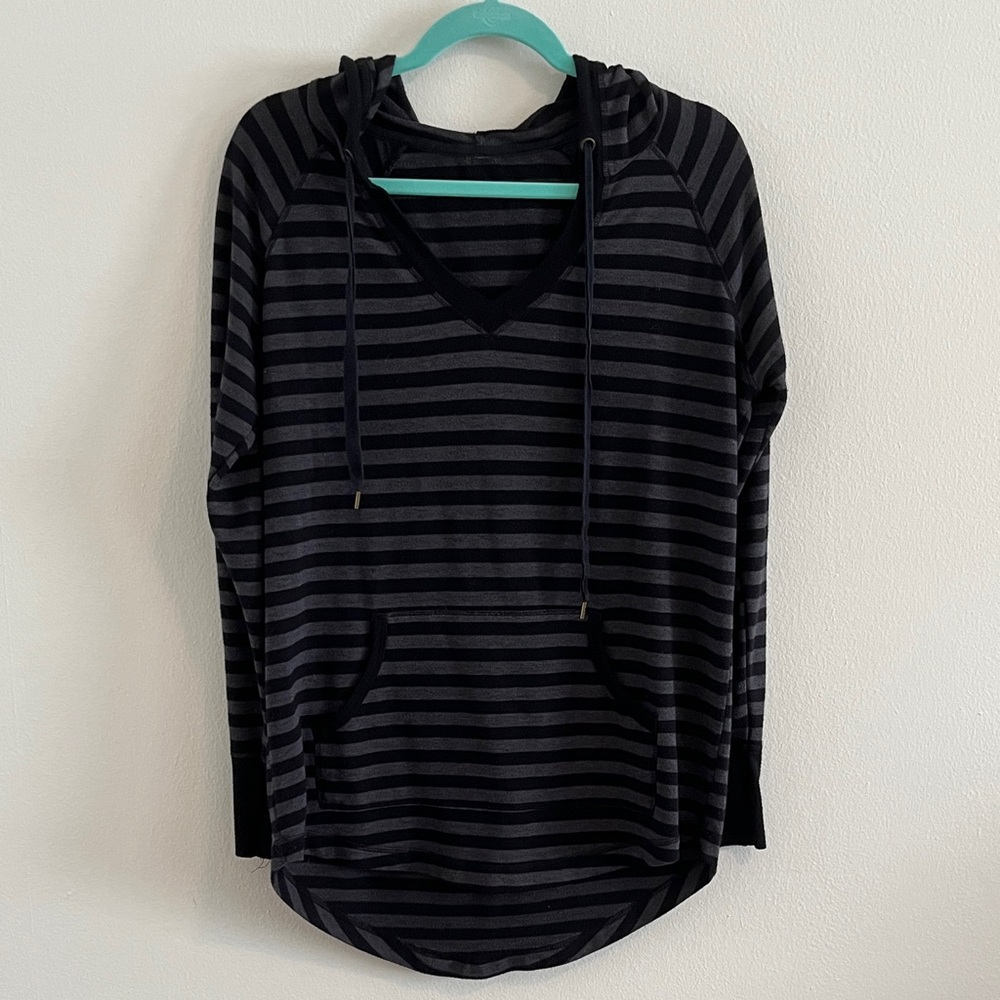 Eddie Bauer Charcoal and Light Gray Striped V-Neck Sweater